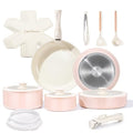 Ceramic Nonstick Pots and Pans Set 19 Piece with Detachable Handle (Light Pink)