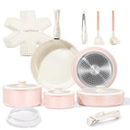 Ceramic Nonstick Pots and Pans Set 19 Piece with Detachable Handle (Light Pink)