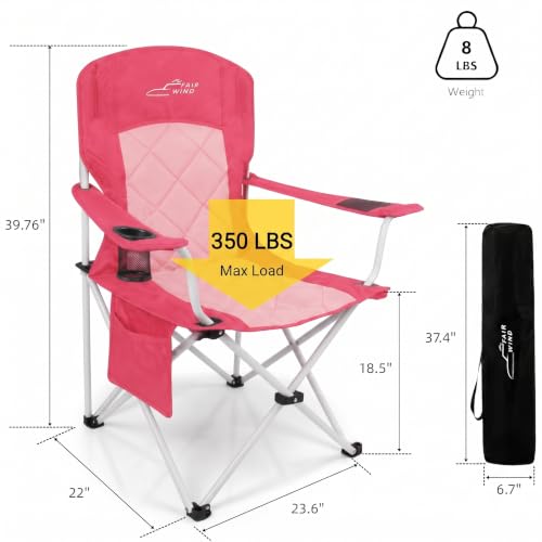 Oversized Padded Camping Chair 2 Pack 350 LBS Capacity Heavy Duty Quad Chair with Lumbar (Pink / Twin Pack)