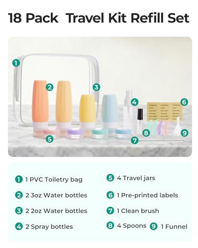 18 Pack TSA Approved Travel Bottles for Toiletries (03-Macaron)