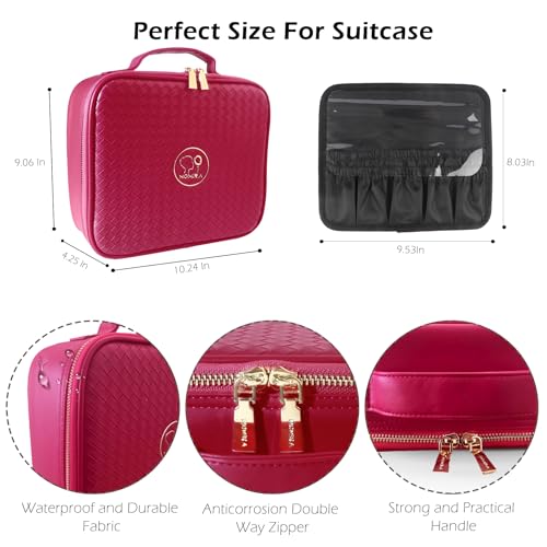 Travel Makeup Bag Cosmetic Bag Makeup Organizer Bag with Lighted Mirror (Rose Red / Woven)