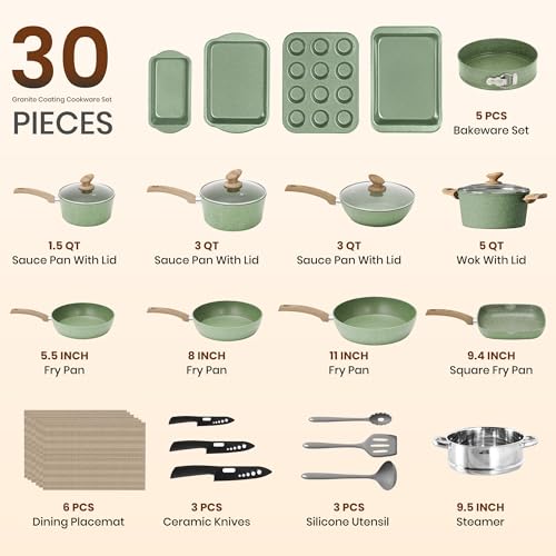 30pcs Pots and Pans (30 PCS Cookware Set / Green)