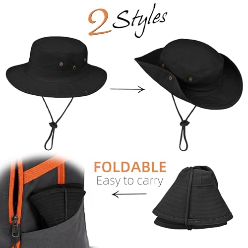 Sun Hats for Men Women Safari Hat Foldable Fishing Hat UPF 50+ Bucket Hat (1pack-blacksleeves)