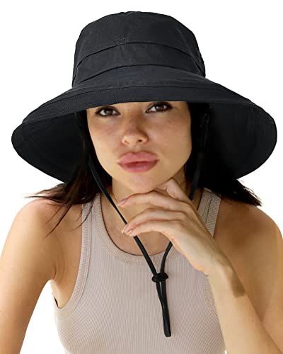 Sun Hats for Women Gardening Hat Wide Brim Ponytail Beach Sun Protection Breathable Cotton Summer Hat with Fold (Medium-Large / Black)
