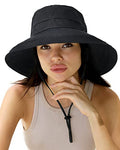 Sun Hats for Women Gardening Hat Wide Brim Ponytail Beach Sun Protection Breathable Cotton Summer Hat with Fold (Medium-Large / Black)
