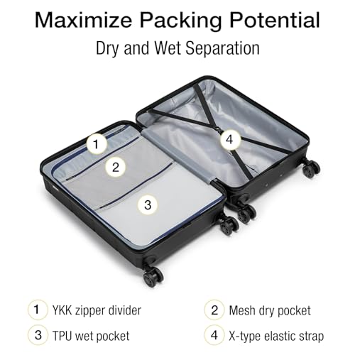 Carry On Luggage 22x14x9 Airline Approved Hardshell Carry On Suitcases with Wheels Travel Rolling 20 Inch Luggage with Cup Holder for Men Women (Black / Carry-On 22-Inch（non-expandable）)
