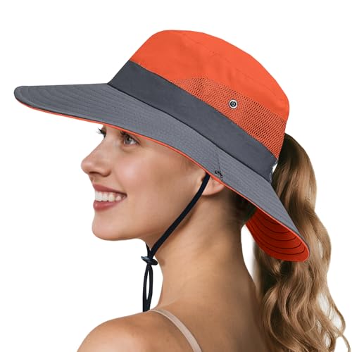 Ponytail Sun Hats for Women UPF 50+ Orange (One Size / Orange/Grey (Ponytail Hole))
