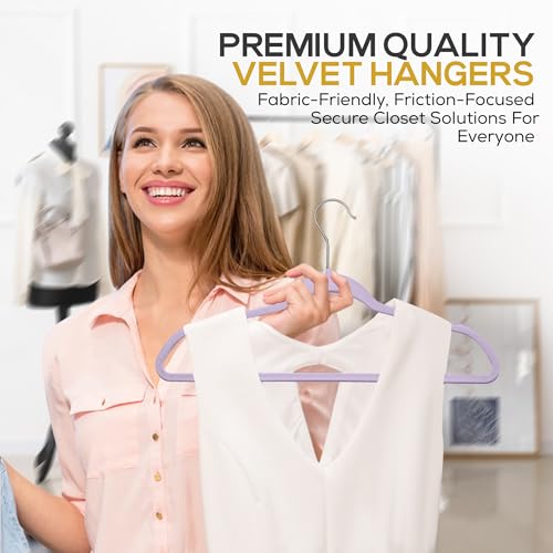 Premium Velvet Hangers 50 Pack Ultra Thin Non Slip Adult Felt Space Saving Suit Hanger for Closet Heavy Duty Coat Pants Jackets Dress Hangers 360° Swivel Hook Hold Upto 10 lbs Purple Hangers (Light Purple / 50 Pack)