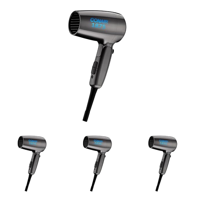 Conair Travel Hair Dryer with Dual Voltage,1875W Compact Blow Dryer with Folding Handle,Gray,(Pack of 4)