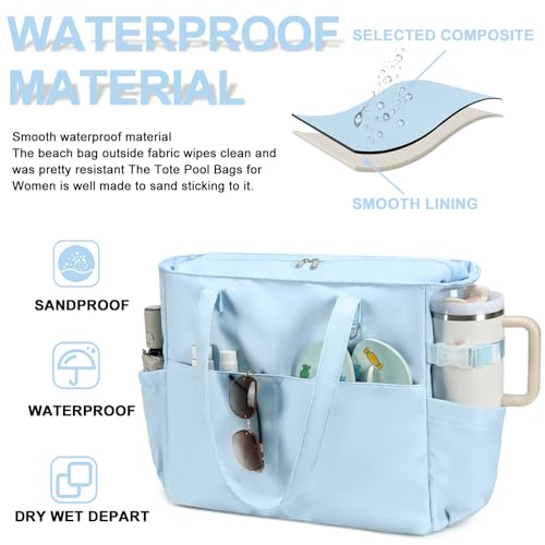 Waterproof Beach Tote Pool Bags for Women Ladies Extra Large Tote Bag Carryall Bag With Wet Compartment Fit 40oz Tumbler Holder Gym Travel Bag for Cruise (New Blue)