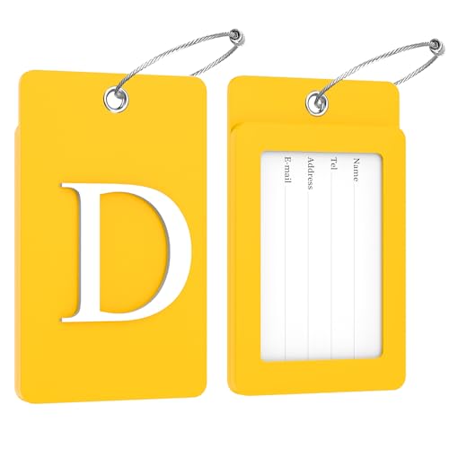 2 Pack Initial Luggage Tags for Suitcases Airplane Travel Essentials (Large D / Yellow)
