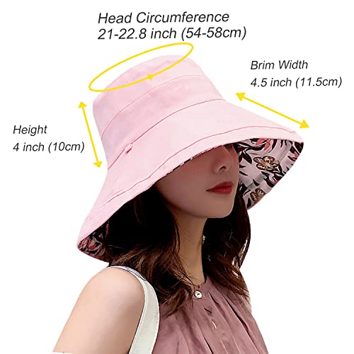 Women Floral Reversible Wide Brim Sun Hats Summer UV Protection Hiking Fishing Hat Wired Edge Beach Garden Lawn Work Cap Chin Strap (Medium / Qf002-pink)