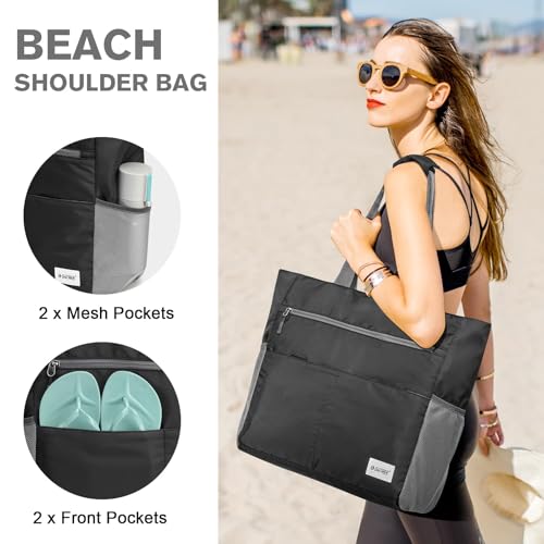 Beach Bag Waterproof Sandproof Large Capacity Foldable for Women (50L / Black)