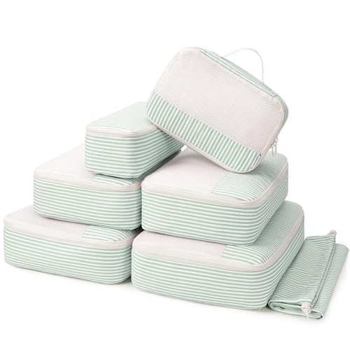Packing Cubes for Travel (Mint Green Stripe / 7 Set)