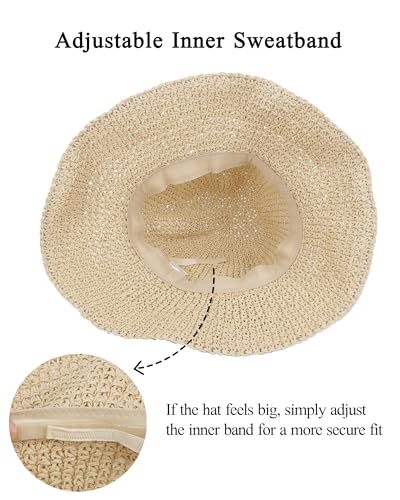 Womens Crochet Straw Sun Hat Foldable Floppy Wide Brim Beach Hat for Summer (One Size / Beige)