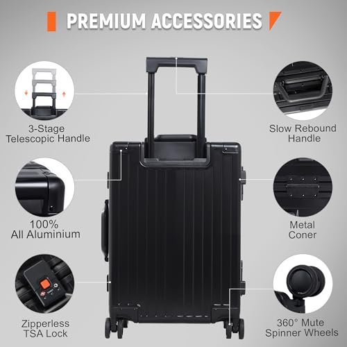 24Inch All Aluminum Check In Luggage Heavy Duty Hard Shell Suitcases with Spinner Wheels (Black / 24-Inch)