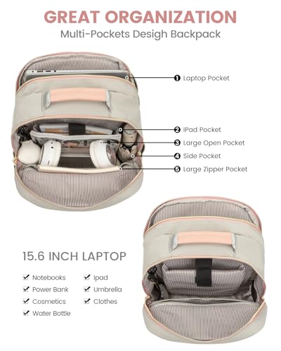 Laptop Backpack Purse for Women (Grey Pink / 15.6-Inch)