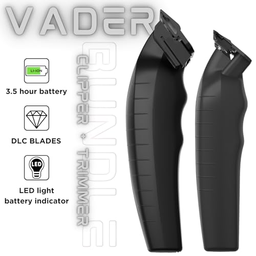 2-in-1 Vader Clipper & Trimmer Kit | Cordless Beard Trimmer & Mens Clippers Set for Barbers or Home | with DLC Coated Blades | Black (Black Kit)