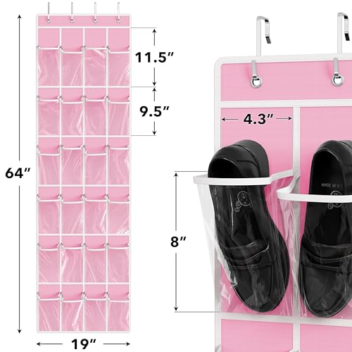 24 Pockets Clear Over the Door Shoe Organizer (Large Pockets / Pink)