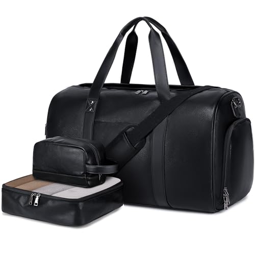 3PCS Faux Leather Weekender Bag for Women Men Travel Bag Overnight Bags (Black)
