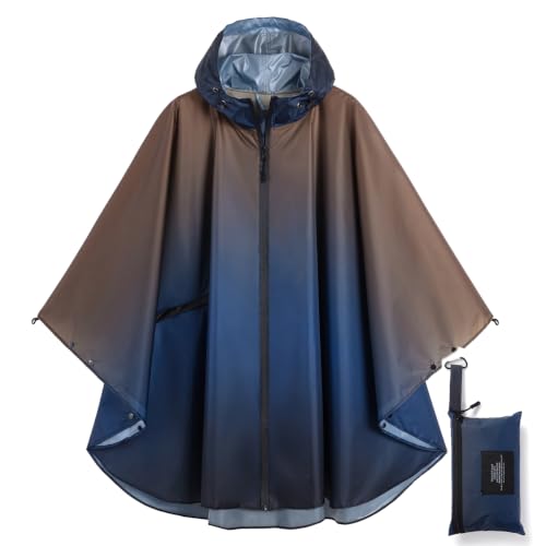 Rain Poncho Jacket Coat Hooded Zipper Style for Women (One Size / Blue+black)
