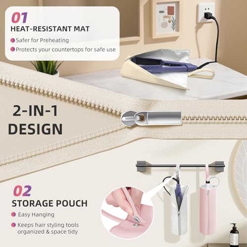 2-in-1 Heat Resistant Mat & Bag for Hair Styling Tools, Hanging Curling Iron Holder Flat Iron Holder with Zip, Portable Hot Hair Tools Travel Bag, Hair Straightener Mat Pouch for Countertop (Beige)