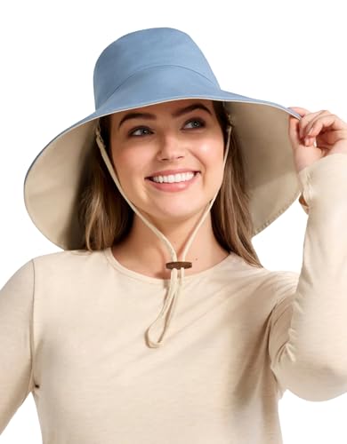 Women's Ultra Wide Cotton Linen Hat UPF 50+ (Small-Medium / Blue / Beige)