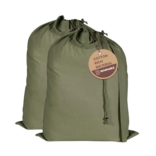 LFH Home Large Premium Cotton Rich Canvas Laundry Bag with Drawstring and Handles Heavy Duty (24"x36" (Pack of 2) / Military Green)