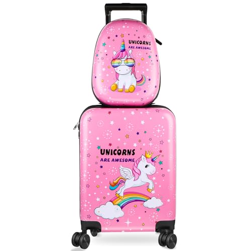 Kids Luggage and Backpack 18 Suitcase with Spinner Wheel Hard Case Travel 13 Backpack Girl Suitcase Set for Kids Travel Supplies (Unicorn Style / Pink)