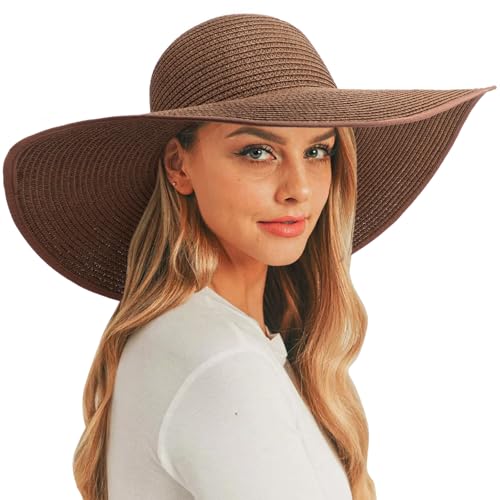 Sun Hats for Women Wide Brim Summer Hat Large Floppy Sun Straw Hat Foldable Packable Beach Hats UPF 50+ (1 Pack Medium Size: Coffee Brown (Head Circumference 22-22.8"))