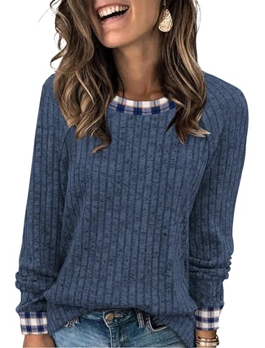 Womens Tops Business Casual Outfits for Women Teachers Old Money Clothes Blouses Dressy Casual Trendy Long Sleeve Plaid Shirts Plus Size Fall Fashion Blue Plaid (Large / 08-blue Plaid)