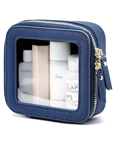 Clear Makeup Bag with Zipper Small Travel Cosmetic Case Navy Blue Mini Pouch for Purse Accessories Car Storgae Essentials Bag Purse Pouch Organizer Compact Small Clear Toiletry Bag for Traveling (Navy Blue / Mini Chic)