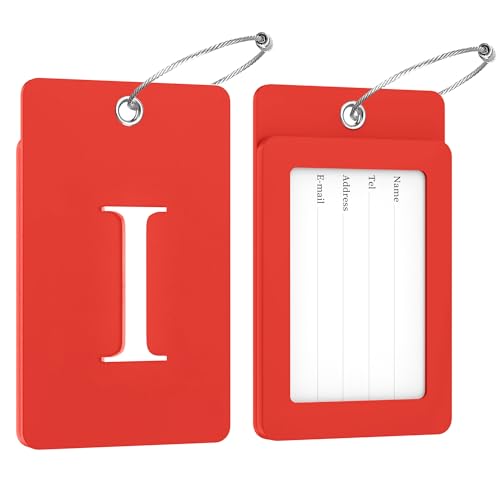 2 Pack Initial Luggage Tags for Suitcases Airplane Travel Essentials (Large I / Red)