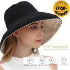 Womens Sun Hats Wide Brim Reversible Bucket Cotton Hat Packable Summer Travel Cap with Hat Clip (Medium / Medium-black+beige)