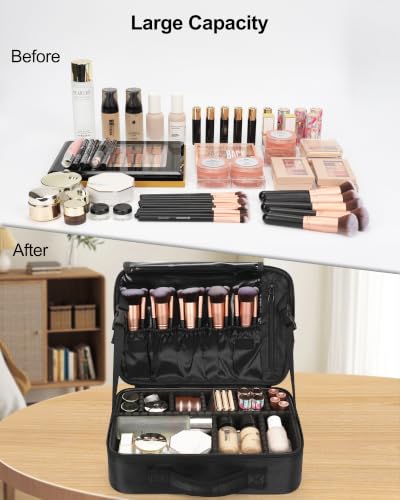 Makeup Bag Travel Makeup Train Case Large Cosmetic Case Professional Portable Makeup Brush Holder Organizer and Storage with Adjustable Dividers and Shoulder Strap Black (Medium / Black)