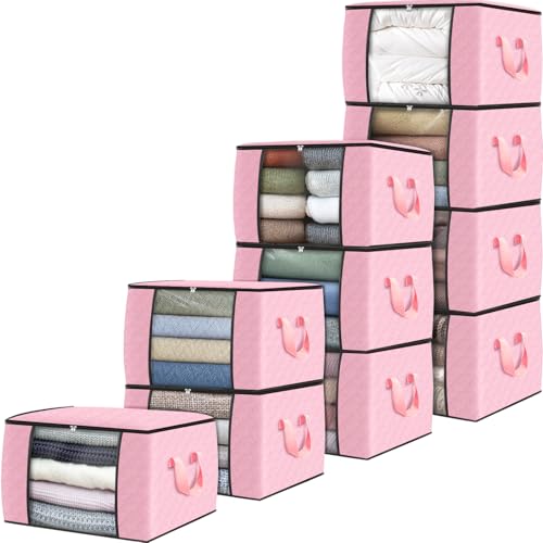 10 Pack Storage Bags for Clothes Blanket Storage Bins with Lids (10 Pack-60l / Pink)