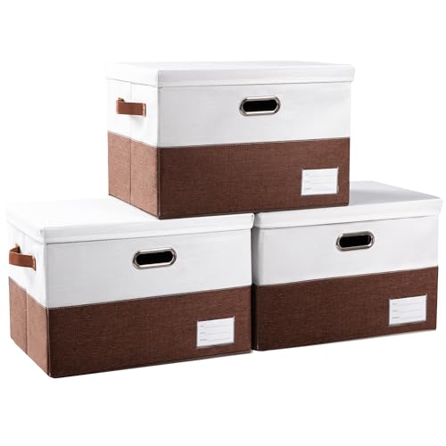 Foldable Storage Bins with Lids [3 (Brown & White / L(3-Pack))