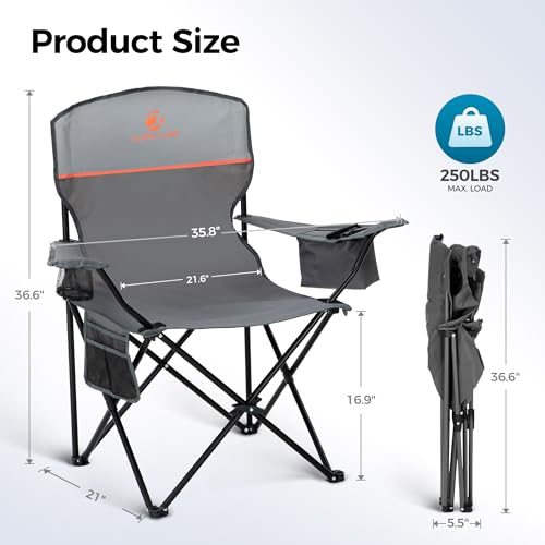 2 Pack Folding Camping Chair with Cooler Bag & Lumbar Support (Light Gray)