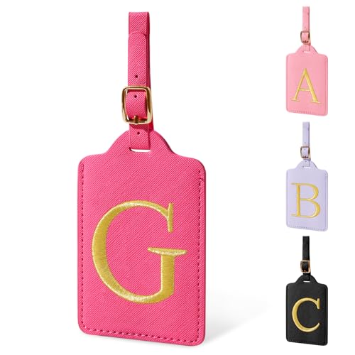 Personalized Rose Red Leather Initial Luggage Tags with Privacy Cover Name Card (Rose Leather,glod Letter / G)