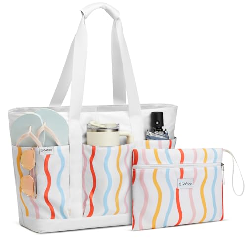Beach Bag Waterproof Beach Tote Pool Bags for Women (Rainbow Wavy / 50L)