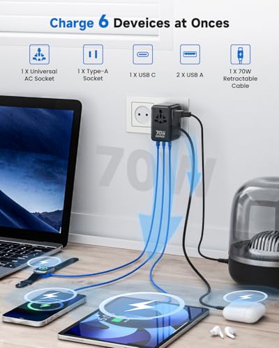 70W GaN Universal Travel Adapter with USB (Dark Black)