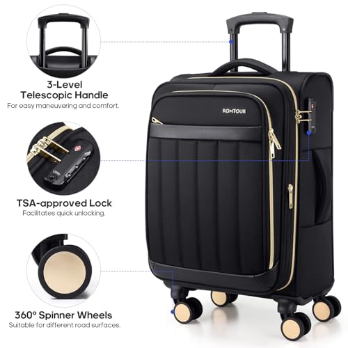 Softside Carry On Luggage 20 Inch Expandable Carry On Luggage 22x14x9 Airline Approved with Spinner Wheels & TSA Lock (Black)