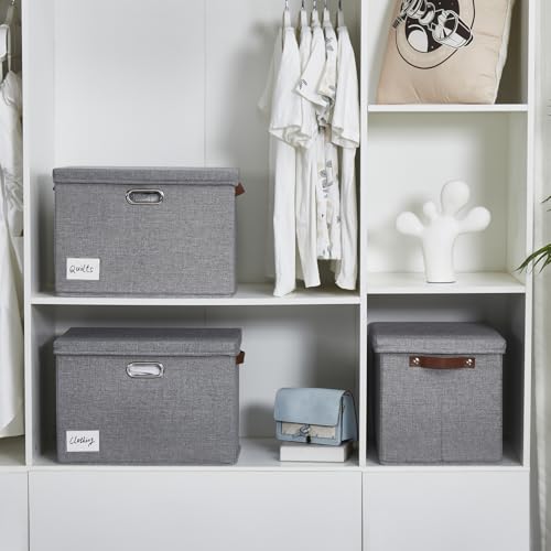 15" Fabric Storage Box with Lids (Gray / Medium-3 Pack)
