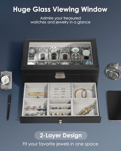 Mens Watch Box Jewelry Organizer (Black + Gray / 12-slot)