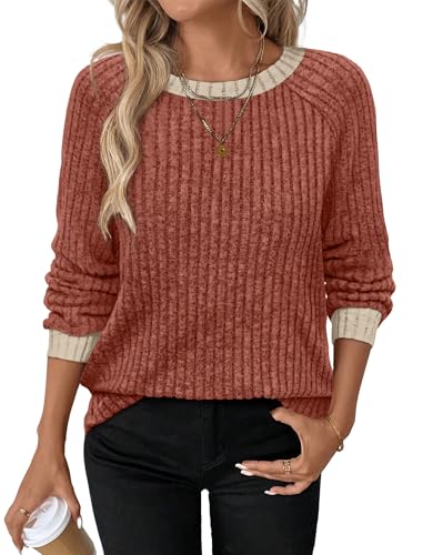 Womens Fall Fashion 2026 Fall Outfits for Women 2026 Essentials Women Sweaters for Women Trendy Color Block Long Sleeve Crew Neck Thanksgiving Shirts Casual Orange Tops Oversized Caramel (Large / 03-caramel)