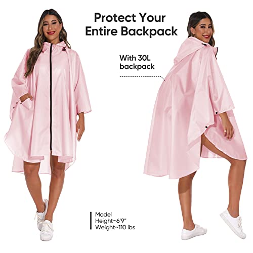 Rain Poncho for Adults with Zipper (One Size / Pink)