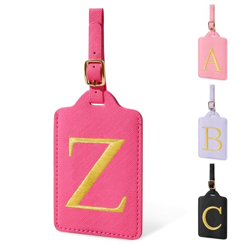 Personalized Initial Rose Red Leather Cute Luggage Tags with Privacy Cover Name Card (Rose Leather,glod Letter / Z)