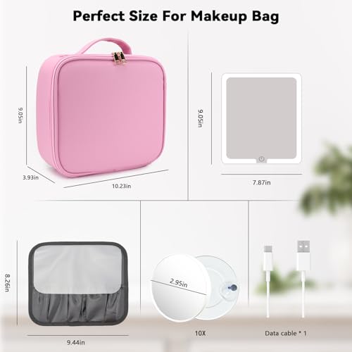 Travel Makeup Bag with LED Mirror and 10x magnifying glass with 3 Lighted Settings (Dark Pink / With LED Mirror and 10x Magnifying Glass)