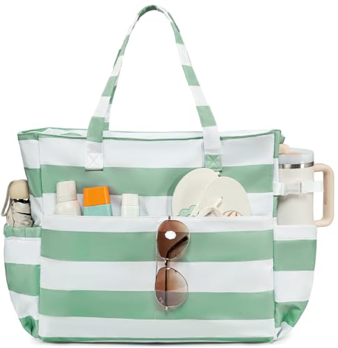 Waterproof Beach Tote Pool Bags for Women Ladies Extra Large Carry On Bag With Wet Compartment for Weekender Travel (Green White Stripe 5cm)