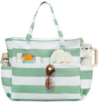 Waterproof Beach Tote Pool Bags for Women Ladies Extra Large Carry On Bag With Wet Compartment for Weekender Travel (Green White Stripe 5cm)